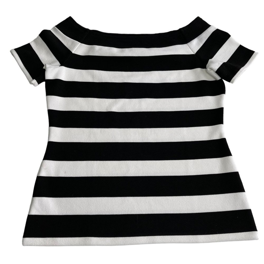 Ann Taylor Factory Black and White Fitted Off the Shoulder Short Sleeve Top SZ M - Picture 1 of 5